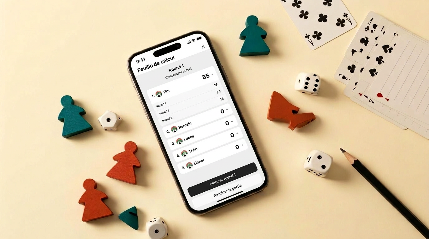 Smartphone displaying a score tracker surrounded by board game pieces, dice, and cards