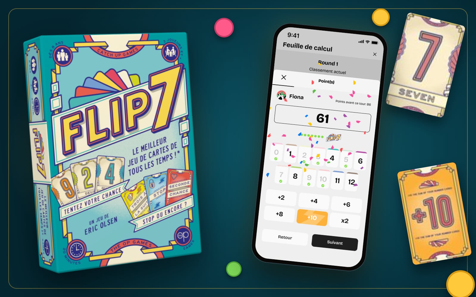 Flip 7 box, 7 and +10 cards, and the Board Games Buddy score sheet on a smartphone