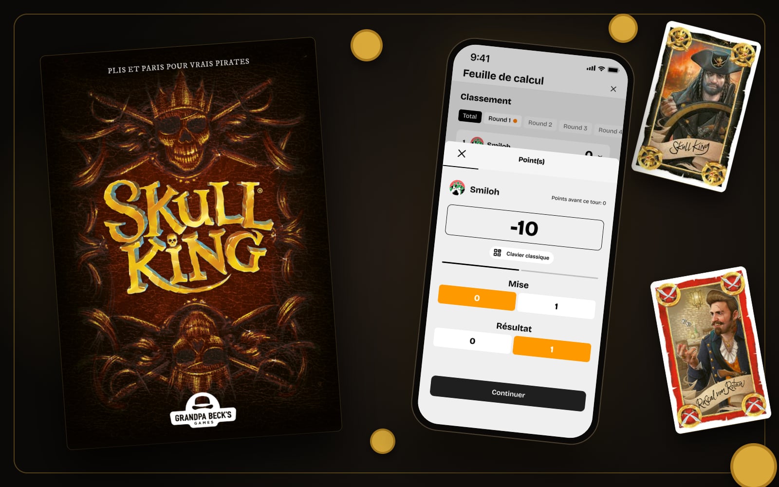 Skull King box, Skull King and Rascal cards, and the Board Games Buddy score sheet on a smartphone