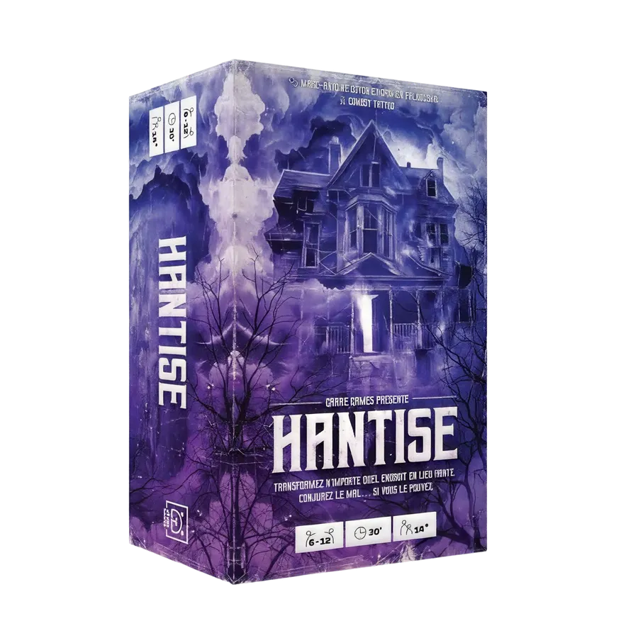 Box of the party game Hantise: a haunted house under a purple sky