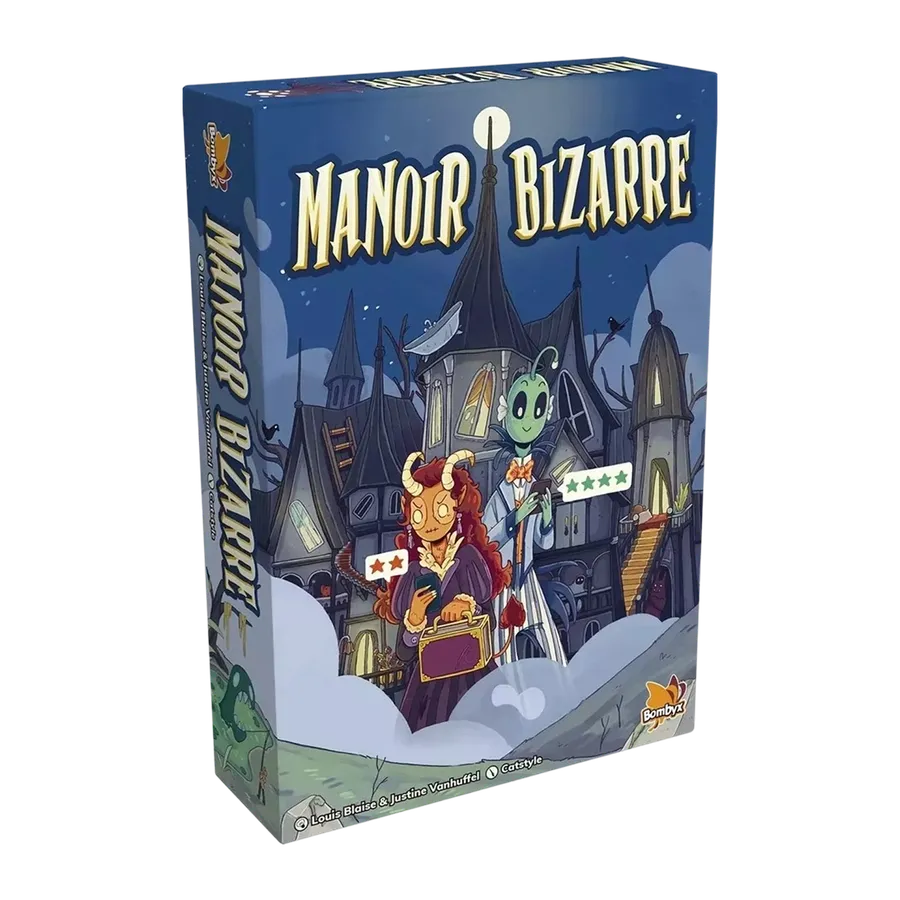 Box of the board game Manoir Bizarre (Bizarre Manor): monstrous guests in front of a strange manor